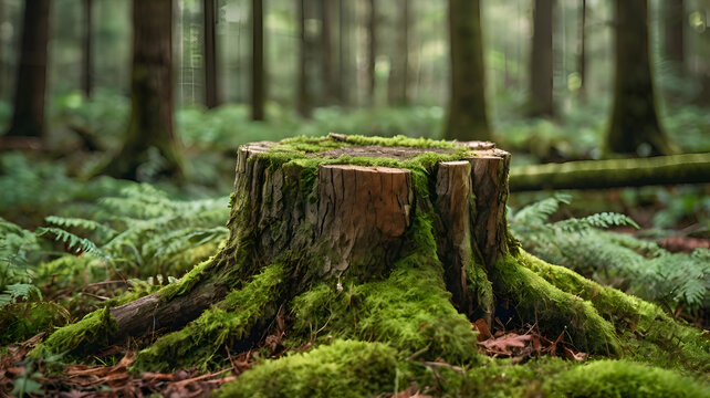 tree stump covered with moss with blurred forest background. for product display with greenery nature