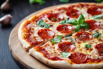 Pepperoni pizza with fresh basil