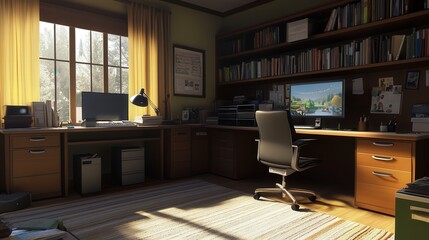 functional home office with plenty of storage, a clean desk, and a large comfortable chair, all contributing to a productive working environment.