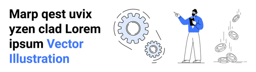Person pointing at large gears and falling coins represents workflow and financial growth. Ideal for innovation, teamwork, strategy, finance, productivity, analytics, simple landing page