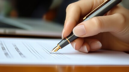 financial document, the pen resting in the fingers while the background shows a clean desk with a laptop