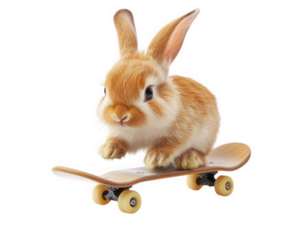 bunny riding tiny skateboard, showcasing impressive skills and playful energy. This adorable scene captures joy of pet engaging in fun activities