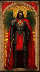 Obraz premium Angelic figure in armor, with wings, a red cape, and a sword, before a colorful stained glass window