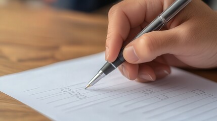 pen, carefully completing a survey form, the ink smoothly flowing across the page as the person fills out each section