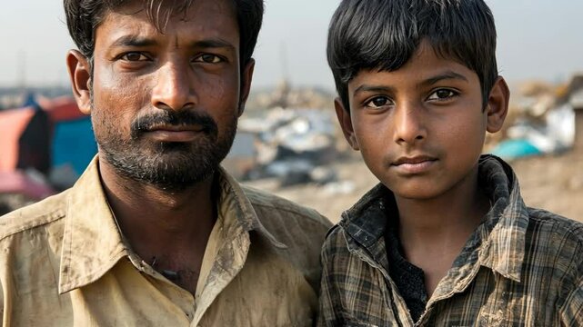 Portrait of a man and boy in a makeshift settlement during a sunny afternoon in an urban area