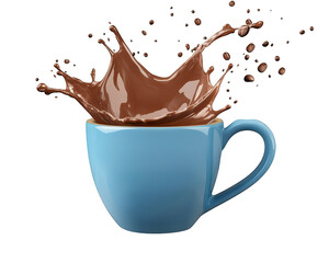 blue cup splashes with rich chocolate liquid, creating dynamic scene of motion and excitement. vibrant color contrasts beautifully with deep brown, evoking sense of indulgence and joy