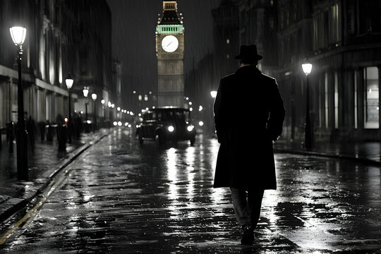 Fototapeta Silhouette of Man Walking in Rainy London Street at Night