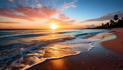 Obraz premium Vibrant Sunset Hues on Tropical Beach, Gentle Waves Kissing Golden Sand