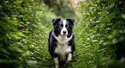 A Border Collie in a Lush Jungle Setting, Its Intelligent Eyes Focused Intently on Something Unseen Within the Dense Foliage