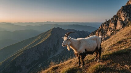 Majestic Goat on Mountain Peak at Sunset
