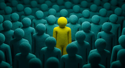 Fototapeta premium Yellow Figure Stands Out Among Teal Crowd Conceptual Visual Representation