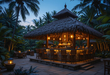 Tropical resort in Thailand with a pavilion by the beach at night