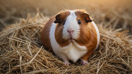 Adorable Red and White Guinea Pig in Hay