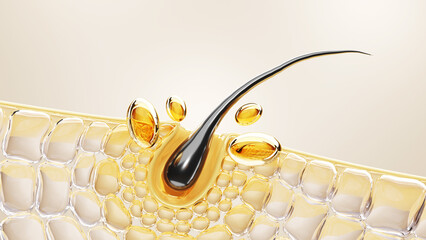 3D hair strand rooted in scalp with golden oil drops, symbolizing deep nourishment and follicle care. Perfect for hair serum, oil treatment, or scalp therapy concepts.
