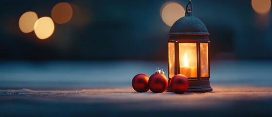 Christmas lantern with ornaments on snow