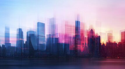 Vibrant cityscape with energetic twilight colors, showcasing blurred skyscrapers and dynamic skyline at sunset