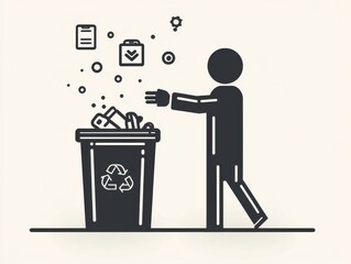 Man throwing away files and gear icons into a recycling bin: Concept of waste management and data removal.