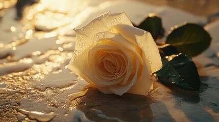 A Single Dew Kissed White Rose On Golden Sand