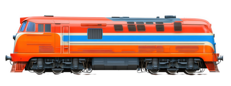 Bright orange diesel locomotive with blue and white stripes, isolated on transparency background, showcasing its sleek design and powerful structure