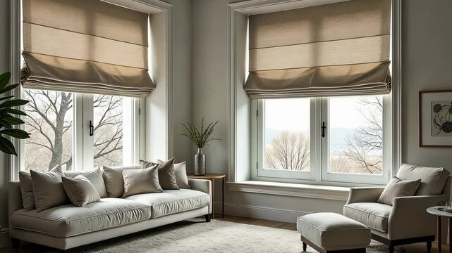 A living room with a couch and a plant. The couch is covered with a blanket. There are three windows in the room