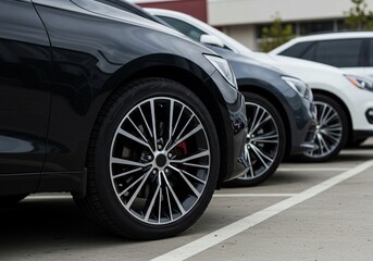 Black, gray, and white cars parked in a row are featured in a close-up in a parking lot, highlighting their wheels and headlights