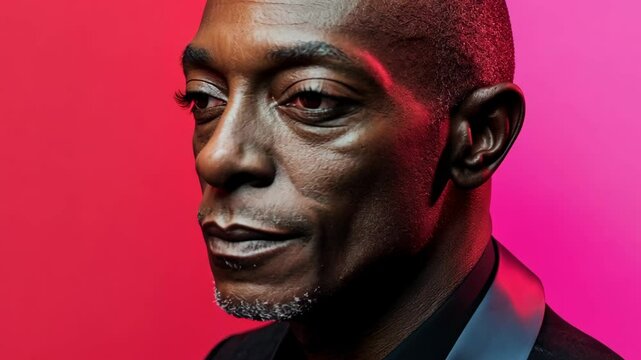 Close-up of a man with a serious expression against a vibrant pink and red background during a portrait session