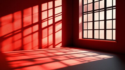 Sunlight shines through window casting shadows on a red room
