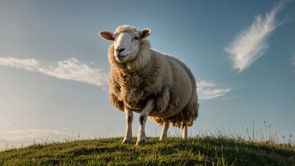 Fototapeta premium Fluffy Sheep on Hill,Sunset Sky