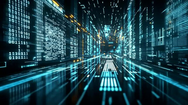 Futuristic digital data corridor with glowing lines and binary code, symbolizing technology and innovation.