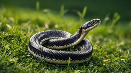 Fototapeta premium Black Snake in Green Grass,Wildlife Photography