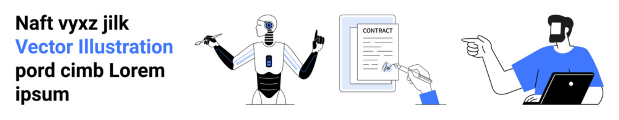 AI robot interacting, a contract being signed, and a professional using a laptop, highlighting technology, agreements, and teamwork. Ideal for innovation, business, automation partnerships