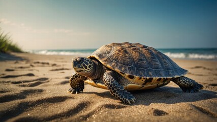 Obraz premium Sea Turtle on Sandy Beach at Sunset