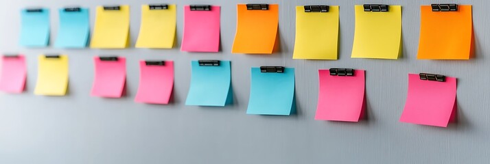A colorful array of sticky notes pinned to a wall, showcasing different colors and organized in a structured manner for notes or reminders.