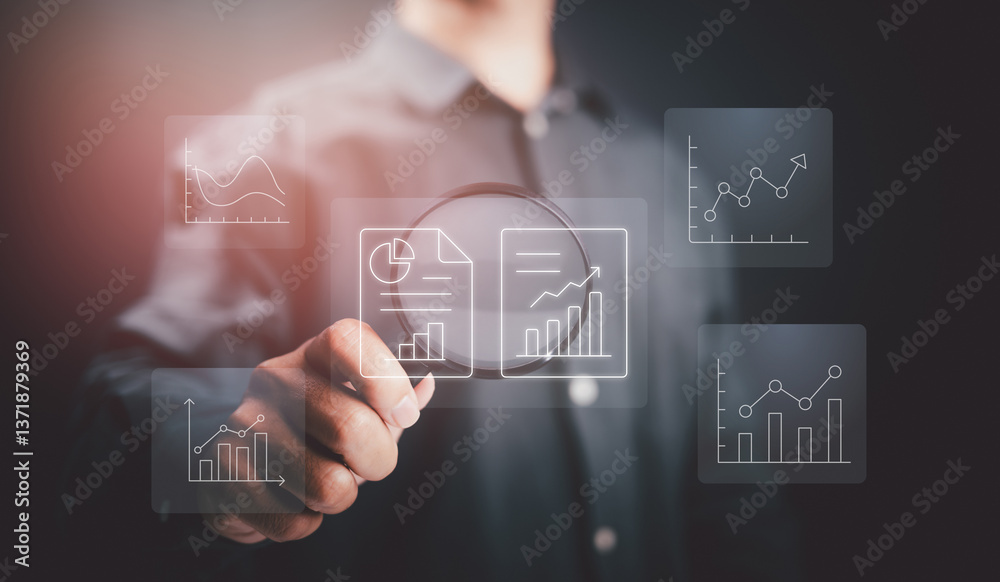 Aufkleber businessman analyzing digital data charts with a virtual magnifying glass, highlighting insights, gr