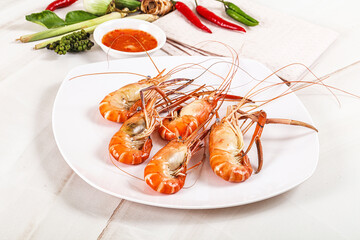 Boiled tiger prawn with sauce