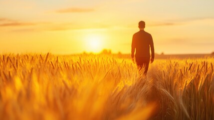 Man walks golden wheat field