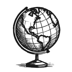 Obraz premium Vintage sketch illustration of a world globe, black and white, representing geography or travel, with copy space
