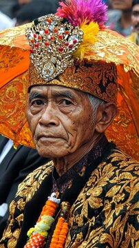 Traditional Balinese elder wearing colorful ceremonial attire during a cultural festival in Indonesia