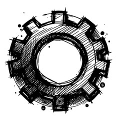 Sketch illustration of a gear, black and white, representing mechanics or settings, with copy space
