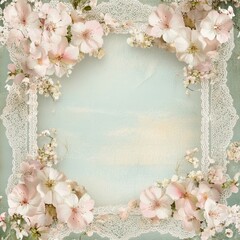 Fototapeta premium Beautiful Square Frame with Delicate Pink and White Flowers, Lace Borders on Vintage Background