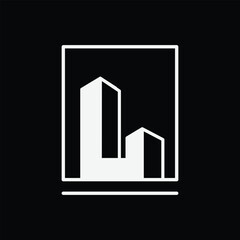 The image shows a flat logo design of a letter L in building shape inside a square frame in white color. The design looks clean on a black background and can be used for real estate logo. 

