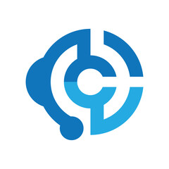 The image shows a flat logo design of a letter C in combination with a headset in blue color. The design looks clean on a white background and can be used for call center logo. 