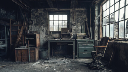 Interior of a dilapidated workshop with a desk, chair, and windows in an abandoned building