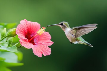 Fototapeta premium Hummingbird flies to hibiscus