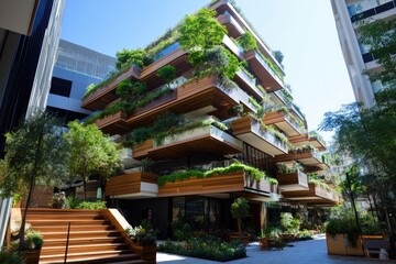 Fototapeta premium A modern terraced building, lush with greenery, blends nature with architecture