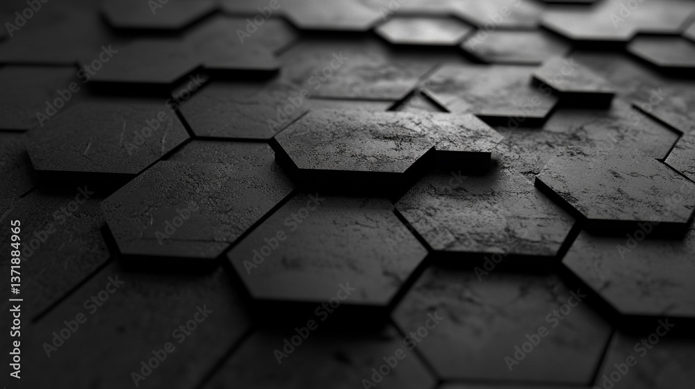 Poster a close up of a dark textured surface made of hexagonal tiles in a monochrome color scheme and low l