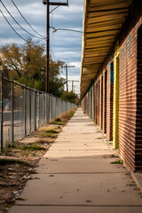 Long Sidewalk Alleyway with Brick Buildings and Chain Link Fence