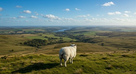 Sheep on a hilltop overlooking a valley