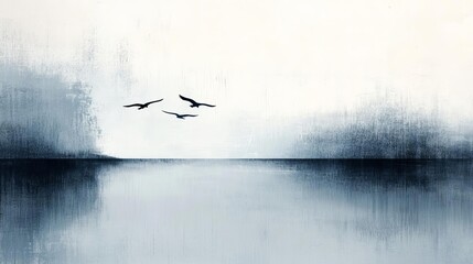 Grunge image of birds flying over the sea on a serene sky