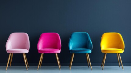 Obraz premium Row of trendy chairs in a row on grey wall background, interior trend design concept